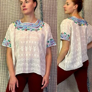 Vintage 60s White Sheer Gauzy Cotton Rainbow Embroidery Boxy Kaftan Top OSFA - Picture 1 of 14