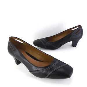 K By Clarks UK 5.5 Wide E Black Leather Mid Heel Court Shoes White Top Stitching - Picture 1 of 24