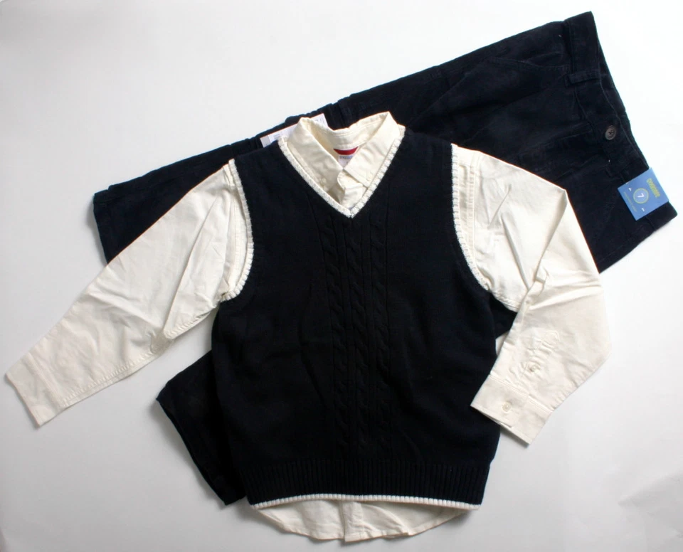 NUEVO CON ETIQUETAS Niños Talla 7 GYMBOREE Camisa Marfil Azul Marino Suéter Chaleco y Cordones ¡¡ENVÍO GRATUITO!!! Foto 1 de 4