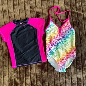 Girl's 8 Place Swimsuit + OP M Rash Guard Swim Shirt in EXCELLENT CONDITION - Picture 1 of 4