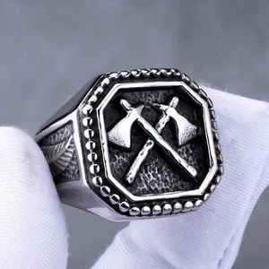 Gothic Double Axe Hatchet Ring Stainless Steel Men's Biker Punk Jewelry Ring - Picture 1 of 6