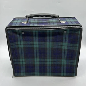 Small Vintage Tartan Plaid Blue & Green Canvas Suitcase Metal Zipper Carry On - Picture 1 of 12