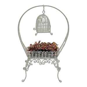 Vintage Dollhouse Miniature White Metal Wicker Planter With Bird Cage - Picture 1 of 16