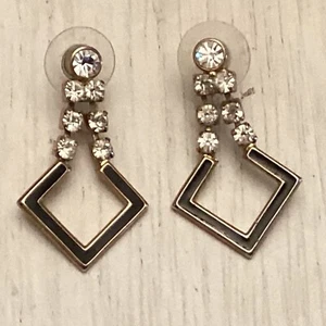 Vintage Estate Art Deco Rhinestone & Black Enamel Pierced Earrings - Picture 1 of 9