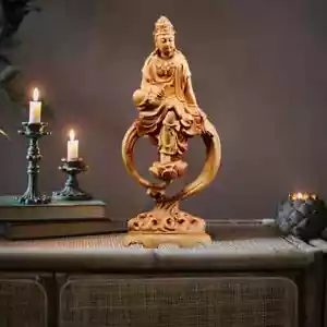 7.07 in Wooden Guanyin Buddha Bodhisattva Statue Hand-Carved Buddhism Figure - Picture 1 of 7