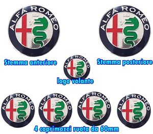 KIT FREGIO STEMMA ALFA ROMEO GIULIETTA MITO 147 156 159 LOGO ARGENTO 7 PEZZI