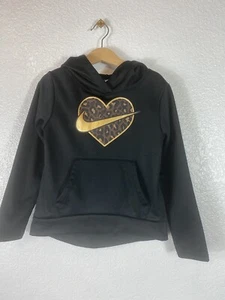 Nike Girl’s Hoodie Size 6x Black w/ Gold Logo Heart Swoosh Leopard Print - Picture 1 of 5