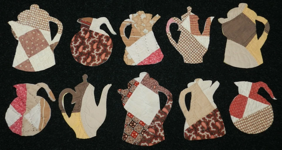 10 PRIMITIVE ANTIQUE CUTTER QUILT COFFEE POTS!! Scrapbooking! Applique! - Image 1 of 1