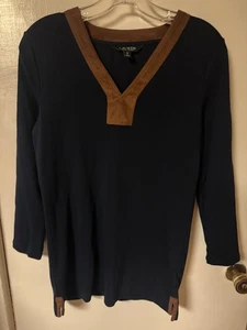 Lauren Ralph Lauren Tunic Top Blouse Womens Large Suede Trim Neck Black - L - Picture 1 of 12