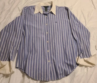 Lauren Ralph Lauren Button Down Shirt Blue Pin Stripe White Cuff Women size 10 - Image 1 of 4