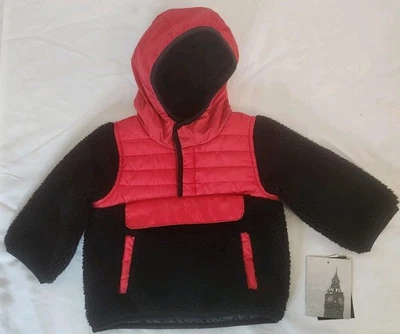 London Fog 男孩夹克红色黑色连帽套衫羊毛 12 个月 — 第 1/4 张图片