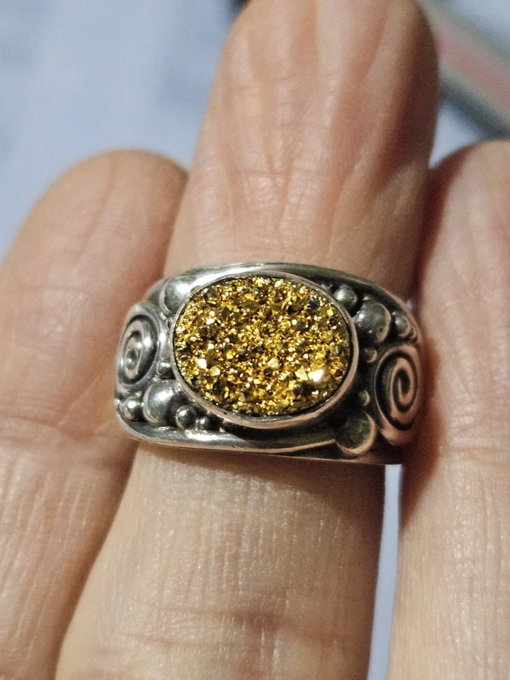 Anillo Ajustable Vintage Diseñador Sajen Oro Druzy Plata Esterlina - Talla 5 Foto 1 de 4