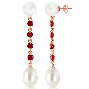 11 Carat 14K Solid Rose Gold Chandelier Natural Ruby & Pearl Gemstone Earrings - Picture 1 of 3