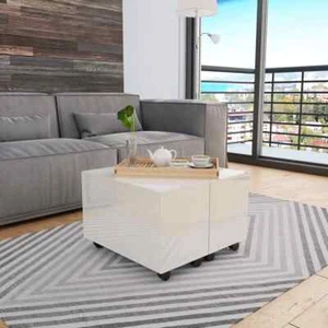 Wooden Coffee Table High Gloss White 60cm Wood Storage Sofa Drawers Wheels - Picture 1 of 9