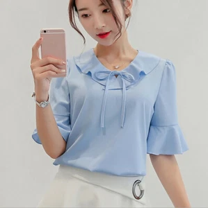 Dulce blusa camisa manga corta trompeta cuello moño volantes coreana para mujeres - Imagen 1 de 14