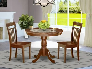 3pc dinette set 36" round kitchen pedestal table + 2 wood chairs in mahogany - Picture 1 of 12