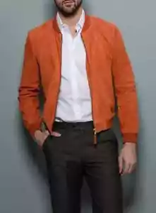 Bomber uomo arancione scamosciato - cappotto pelle slim fit di ispirazione vintage - Foto 1 di 3