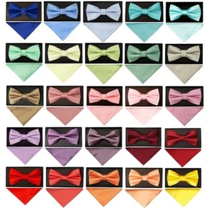 Handmade Plain PreTied Mens Bow Tie & Pocket Square Set Dickie Bow FREE Delivery - Picture 1 of 140