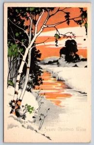 Sincere Christmas Wishes, Rural Winter Scene, Vintage 1925 Greetings Postcard - Bild 1 von 2