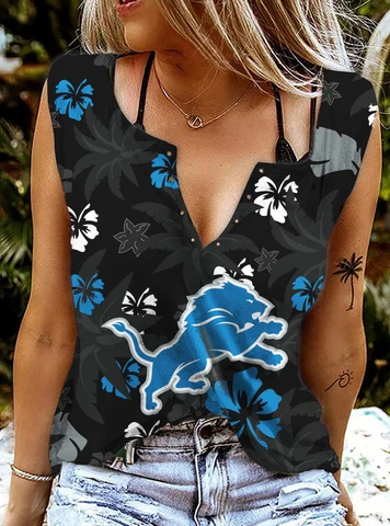Detroit Lions Tank Tops Casual Ring Hole Sleeveless Top Sexy V-neck Top Cover