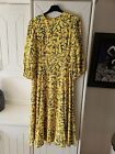 LK Bennett Yellow Leaf Print Silk Lined Midi Dress 3/4 Sleeves Fit & Flare UK 12