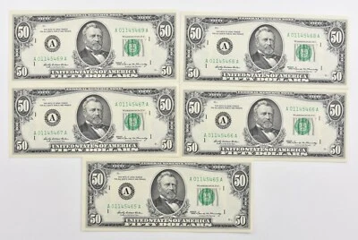 Lot (5) 1969 $50 Boston, MA US FRN Consecutive Notes 2114-A Fr *1916 - Image 1 of 3