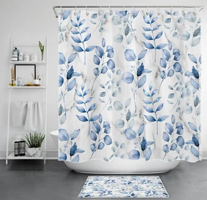 Grey Marble Retro Blue Eucalyptus Leaf Shower Curtain Bathroom Accessories Set - Picture 1 of 19