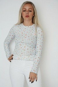 Neue Ex Nobodys Child blau ditsyfloral gerippt Salat Edge Dehnbar Top Gr 10-12