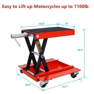 1100lb Motorcycle lift with dolly Jack, Scissor Lift Jack Wide Deck w 360° Wheel - Picture 1 of 11