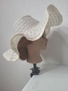 Vintage Woven Straw Hat Derby Country Chic Style Wavy Wide Brim Beach Wedding  - Picture 1 of 20