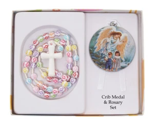 Guardian Angel Crib Medal With Multi-Color Cross Rosary First Communion Gift - Picture 1 of 1