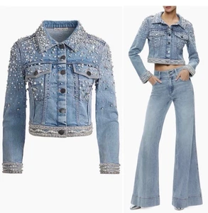 NEW Alice + Olivia Nelson Embellished Beaded Cropped Denim Jacket - Picture 1 of 12