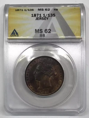 1871 JERSEY Bronze 1/13 SHILLING ANACS MS-62 RB KM#5 - Image 1 of 4