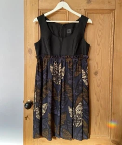 Orla Kiely Pure Black Navy Silk Dress Size 12 Floral Retro Print - Picture 1 of 14