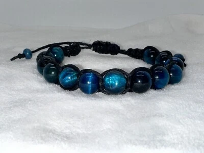 Blue Tiger’s Eye Natural Stone Bracelet Hemp Fits 6.5 Shamballa Chakra - Image 1 of 2