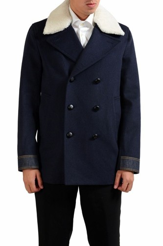 Cappotto Christian Dior uomo in lana pelle pelliccia blu doppio seno taglia XS S M L