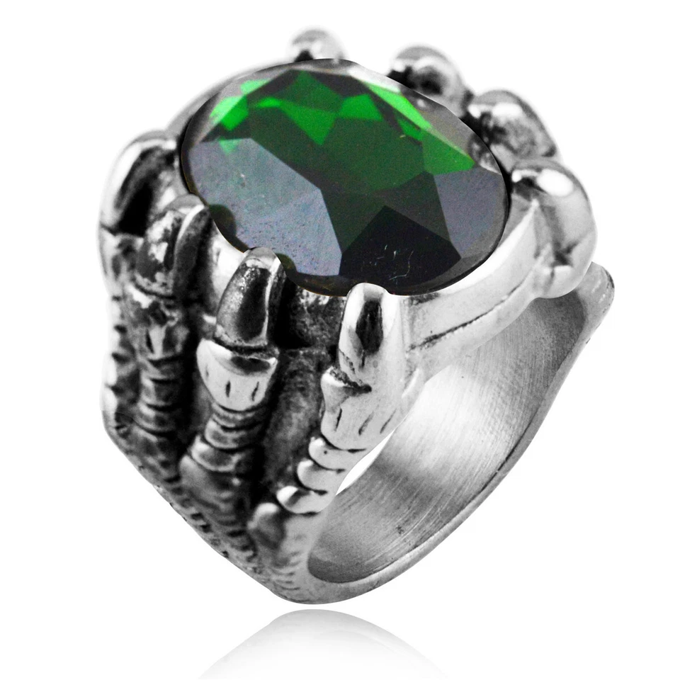 Anillo retro garra de dragón verde ovalado circonita cúbica de acero inoxidable para hombre talla 7-12 Foto 1 de 3