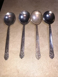 4 Silver Plate Round Soup Spoons King Edward Silverplate Moss Rose - Picture 1 of 7
