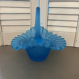 Vintage Fenton Blue Satin Glass Crimped Hobnail Basket - Picture 1 of 5