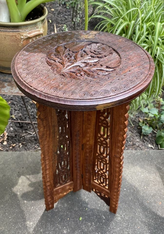 Vintage Indian Hand Carved Round Folding Plant Stand Pedestal Table 24.25" Cover