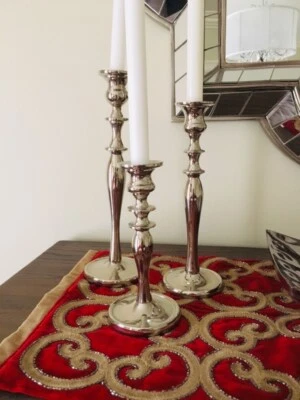 BRAND NEW PIER1 SET OF 3 POLISHED NICKEL CANDLE STICKS - Image 1 of 4