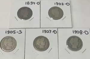 Barber Quarter Lot of five: 1894-O, 1902-O, 1905-S, 1907-O, 1908-O NO RRSERVE - Picture 1 of 2