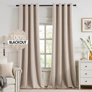 100% Blackout Linen Textured Curtains for Bedroom Solid Thermal Insulated Natura - Picture 1 of 9