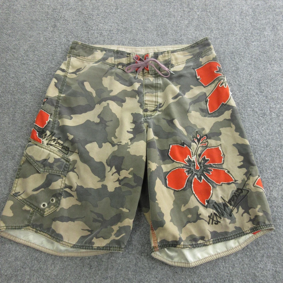 Billabong Board Shorts Para Hombres 34 Verde Camuflaje Naranja Hibisco Bordado Baúles y2k Foto 1 de 4