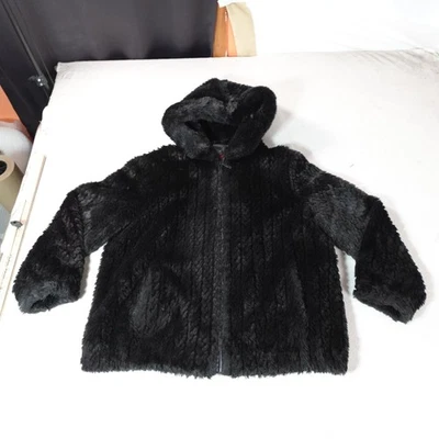 Gallery 人造毛皮夹克女式 XL 黑色连帽拉链前毛绒衬里保暖舒适 — 第 1/4 张图片