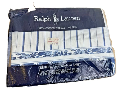 Nuevo de Lote Antiguo Ralph Lauren Doble Sábana Plana Jonquil Azul Blanco Rayas Percal, Irregular Foto 1 de 4