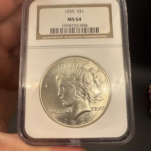¡Dólar de la Paz 1935 NGC MS 64!! ¡Hermosa edición de último año! ¡Moneda blanca! - Imagen 1 de 12