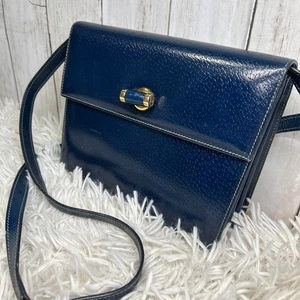 Vintage Old GUCCI Leather Shoulder Bag Blue Turn Lock Gold hardware Flap closure - Picture 1 of 19
