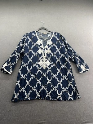 Camisa Charter Club Mujer XL Azul Marino Blanco Lino Túnica Borde Soutache Manga 3/4 Foto 1 de 4