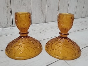 Vintage Amber Imperial Glass Tree Of Life Pair Candle Stick Holders 3.25" Tall - Picture 1 of 4